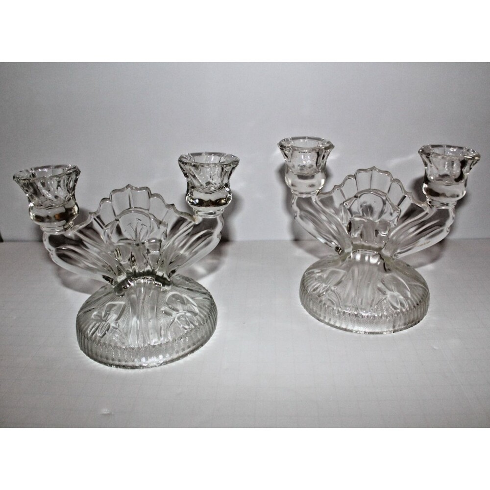 Pair of Iris and Herringbone Elegant Glassware Double Candle Holders Set of 2